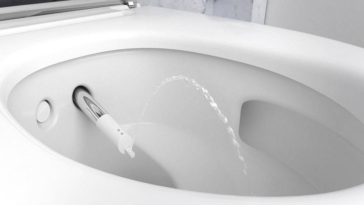 Close-up van de douchearm van een Geberit AquaClean Mera douche-wc