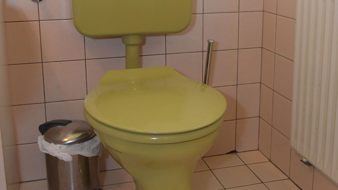 De oude wc met opbouwspoelreservoir in de gastenbadkamer