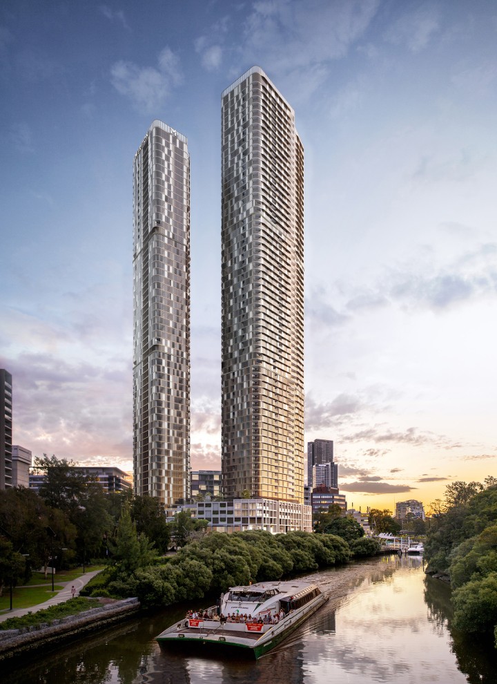 De twee 180 George Towers torenen uit boven de westelijke buitenwijken van Sydney (© Meriton Group)