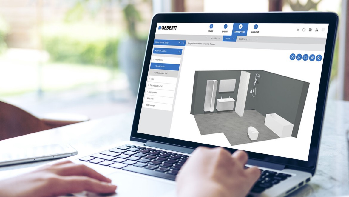 Iemand plant een badkamer virtueel met de Geberit 3D-badkamerplanner op zijn/haar laptop