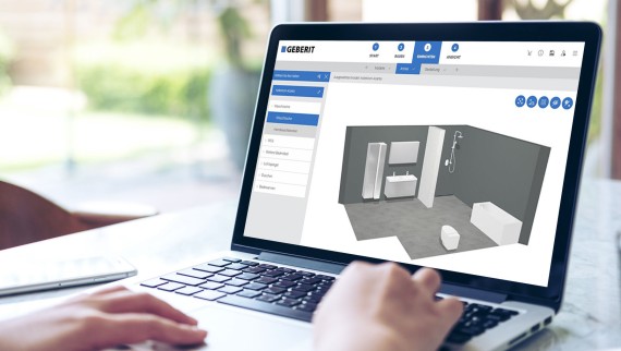 Iemand plant een badkamer virtueel met behulp van de Geberit 3D-badkamerplanner op zijn laptop