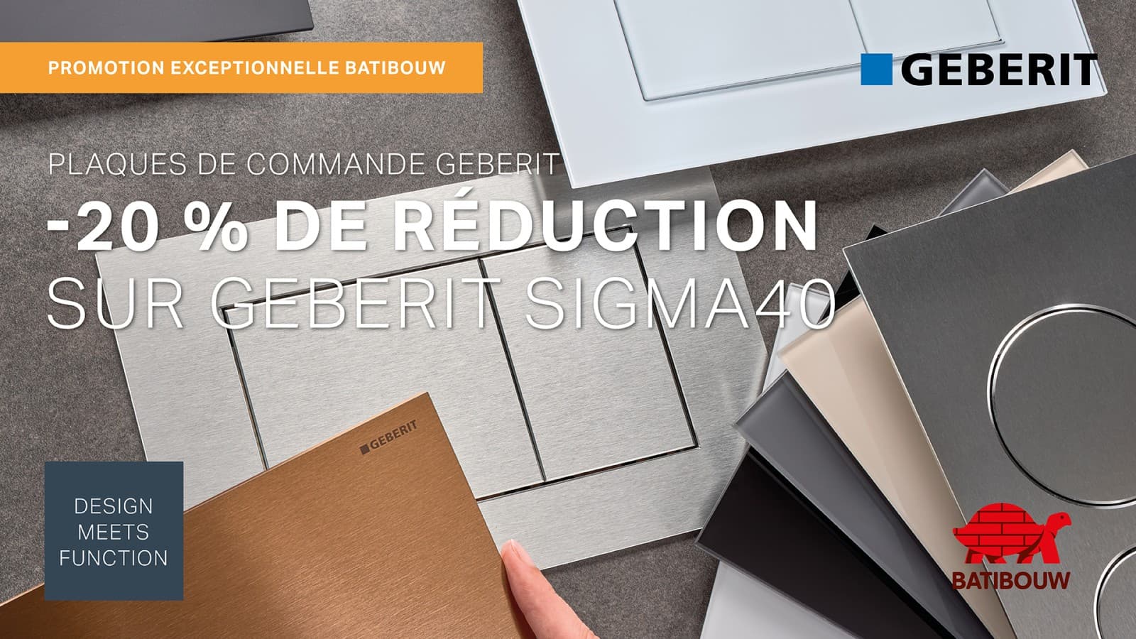 Bénéficiez d’une réduction Batibouw de 20 % sur la gamme de plaques de commande Geberit Sigma40 Bénéficiez d’une réduction Batibouw de 20 % sur la gamme de plaques de commande Geberit Sigma40