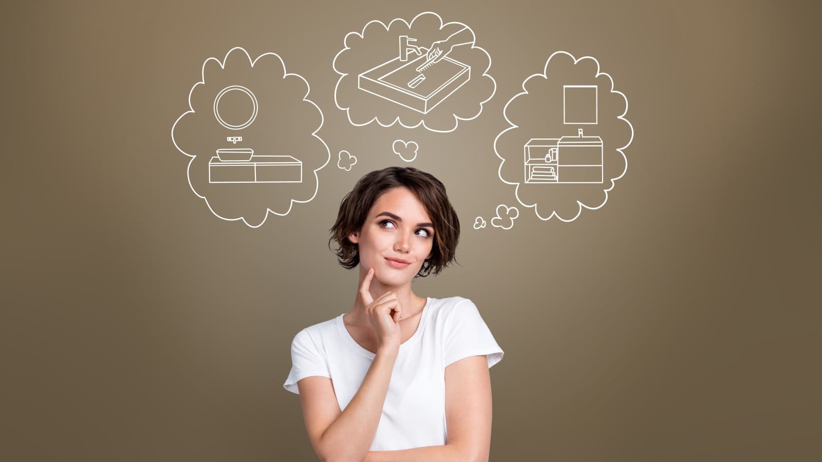 Vrouw denkt na over haar droom wastafel Vrouw denkt na over haar droom wastafel