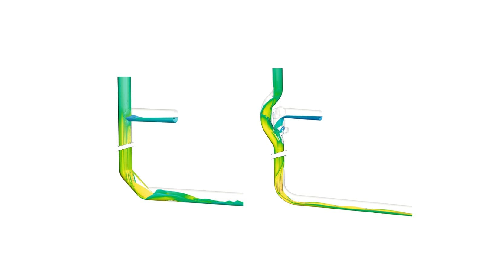 De omleiding met twee bochten van 45° van Geberit Silent-db20 in d160, links in de weergave, veroorzaakt wervelingen in de buis, wat leidt tot meer geluidsoverlast. De Geberit Silent-db20 BottomTurn-bocht, rechts in de weergave, zet de ringstroming van de standleiding daarentegen soepel en ordelijk om in een gelaagde stroming De omleiding met twee bochten van 45° van Geberit Silent-db20 in d160, links in de weergave, veroorzaakt wervelingen in de buis, wat leidt tot meer geluidsoverlast. De Geberit Silent-db20 BottomTurn-bocht, rechts in de weergave, zet de ringstroming van de standleiding daarentegen soepel en ordelijk om in een gelaagde stroming