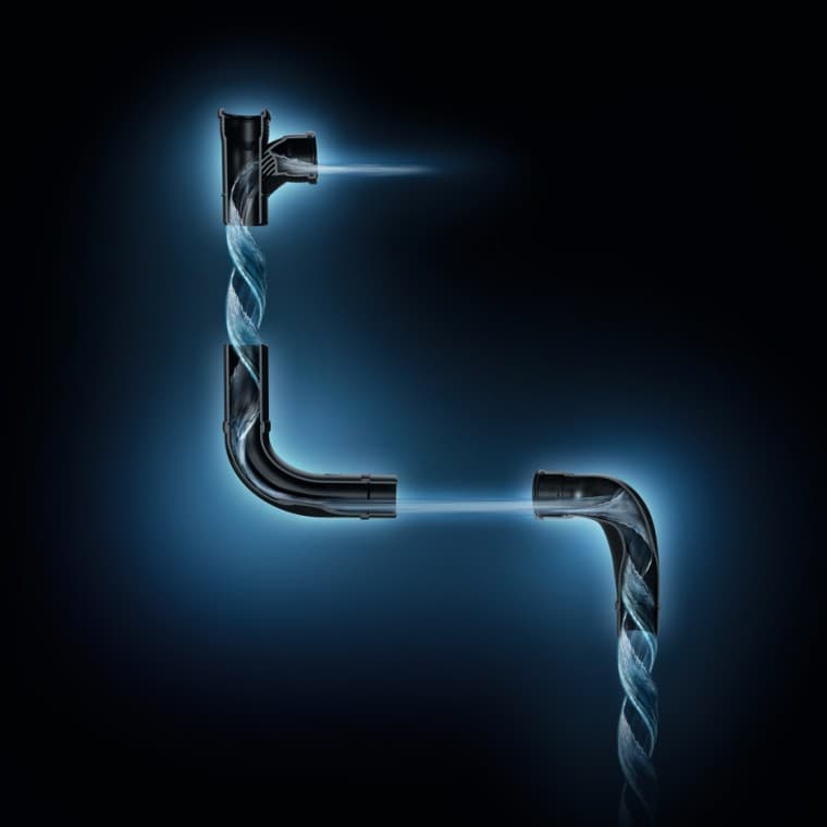 Hydraulisch geoptimaliseerde waterstroom met Geberit SuperTube fittingen. Hydraulisch geoptimaliseerde waterstroom met Geberit SuperTube fittingen.