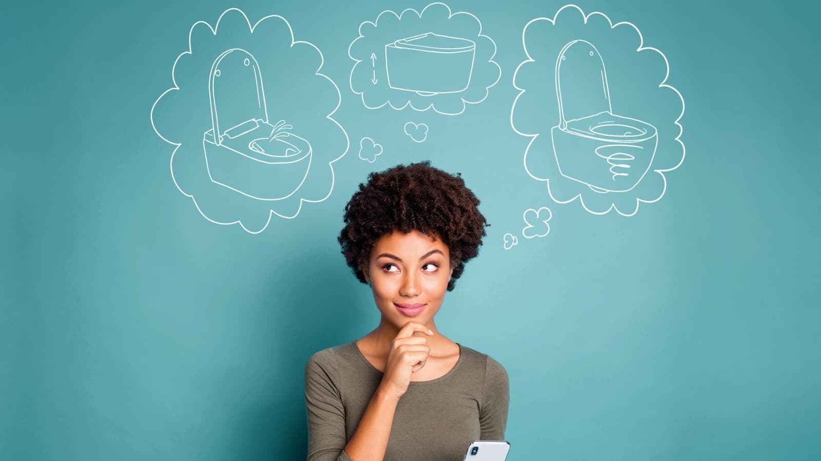 Vrouw denkt na over haar droomtoilet Vrouw denkt na over haar droomtoilet