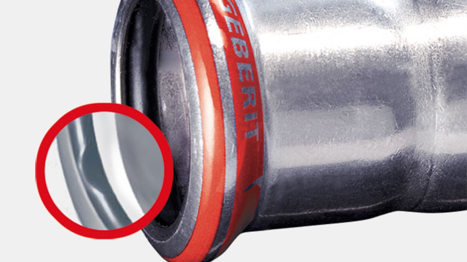 Geberit Mapress Koolstofstaal fitting met rode drukindicator en zwarte O-ring Geberit Mapress Koolstofstaal fitting met rode drukindicator en zwarte O-ring